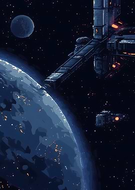 8 Bit Pixel - Space Station Orbiting Earth
