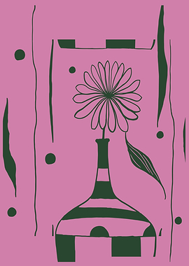 Whimsical Flower in Patterned Vase in Pink and Green