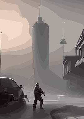 Futuristic Cityscape with Soldier
