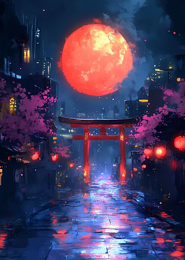 Red Moon over Japanese City