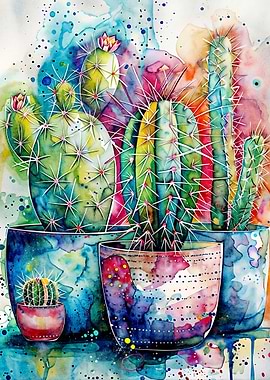 Vibrant Watercolor Cactus Art