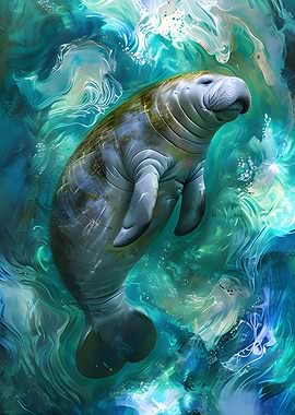 Manatee in Blue Water mystical painted waves