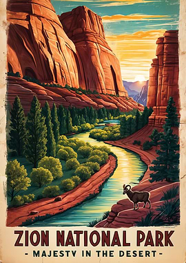 Vintage Travel Zion National Park Poster