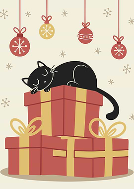 Sleeping Black Cat on Christmas Gifts