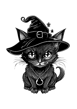 HAPPY HALLOWEEN black CAT with a witch hat a Halloween Cat