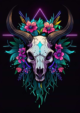 Neon Skull with Flowers