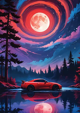 Red Car Under Blood Moon