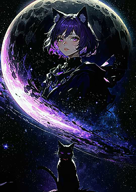 Anime Girl with Cat Ears in Space
