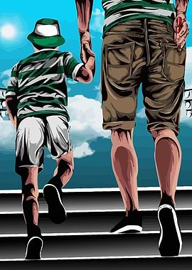 Father and Son Walking Up Stairs