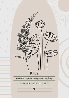 July Birth Flower Larkspur Water Lily Boho Botanical