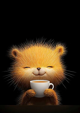 Cute Fuzzy Creature with Coffee