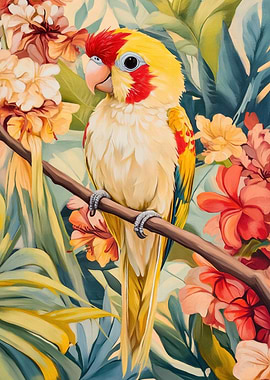 Parrot in Tropical Flowers