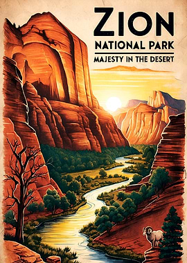 Vintage Travel Poster Zion National Park: Majesty in the Desert