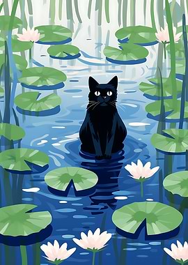 Black Cat in Lily Pond