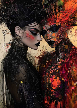 Two Women in Black and Red