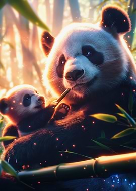 Panda Family in Bamboo Forest