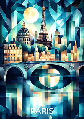 Cubist Paris Skyline with Eiffel Tower and Seine