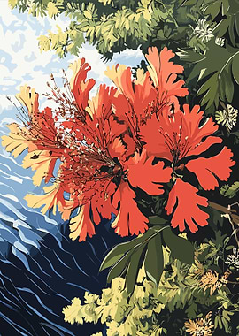 Red Flower with Blue Water