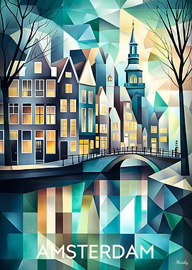 Cubist Amsterdam Skyline with Iconic Canals