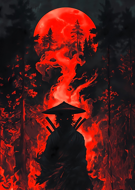 Samurai in Red Moon Forest