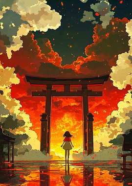 Girl at Torii Gate Sunset