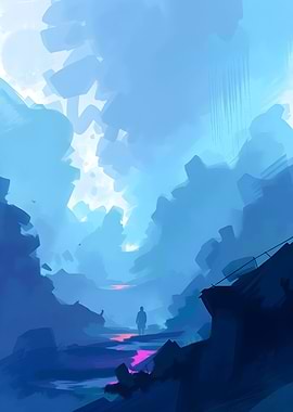 Lonely Figure in Blue Landscape