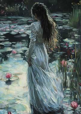 Woman in White by Water Lilies