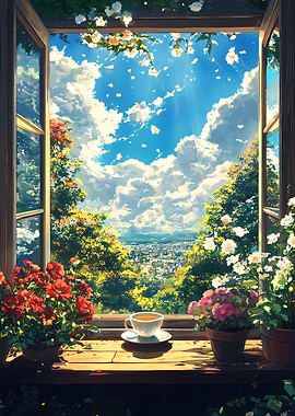 Morning Dreamscape Window View with Tea