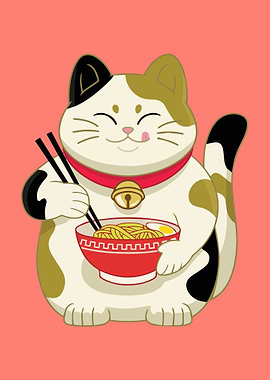 Cute Japanese Cat Eating Ramen Kawaii