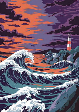 Lighthouse Sunset Waves