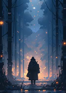 Silhouetted Figure in a Mystical Forest