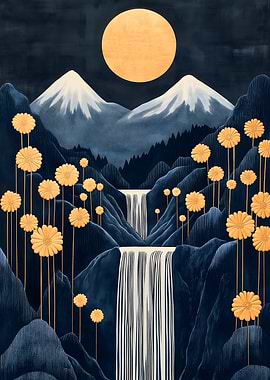 Mountain Waterfall Moon