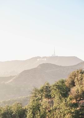 Los Angeles, USA I Hollywood sign letters at sunset light on the mountain from Griffith Observatory with a summer pastel sweet sunny soft aesthetic boho vibes and fine art photography film camera style
