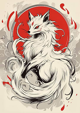 White Kitsune Fox with Red Sun
