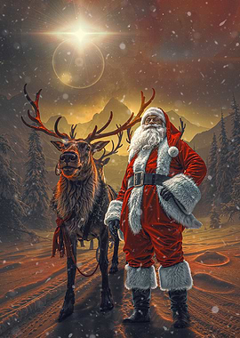 Santa and Reindeer in Snowy Landscape