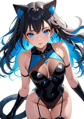 Anime Cat Girl in Black Late Bodysuit - Blue Series Collection 04