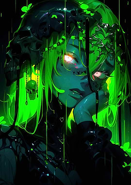 Green Anime Girl with Skulls
