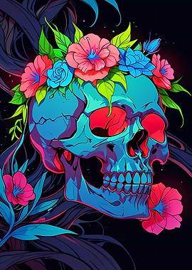 Neon Skull with Flowers