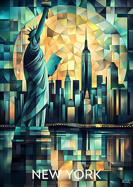 Cubist New York Skyline with Statue of Liberty