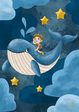 Boy Riding Whale in Sky