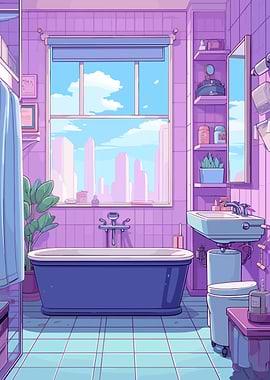 Purple Bathroom with City View
