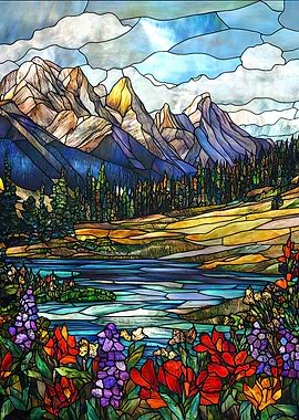 Stained Glass Mountain Landscape