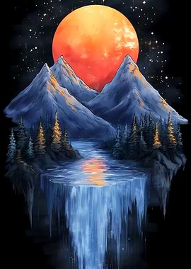 Mountain Waterfall Moon