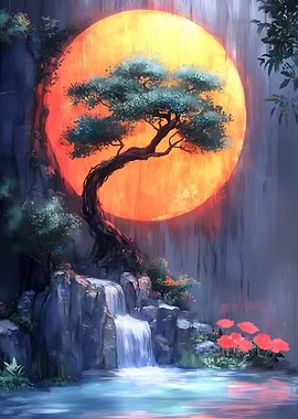 Waterfall and Bonsai Tree