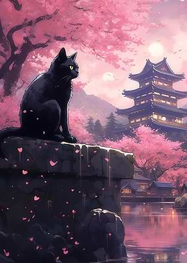 Black Cat in Cherry Blossom Landscape