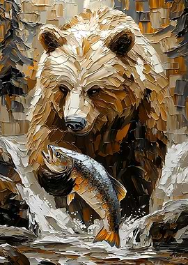 Grizzly Bear Fishing in Dynamic Impasto Style