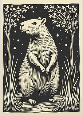 Capybara Under the Stars: Whimsical Nature Illustration