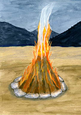 Evening Bonfire Watercolor Landscape