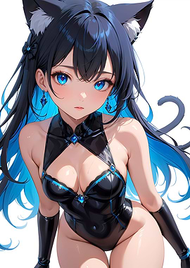 Anime Cat Girl in Black Bodysuit - Blue Series Collection 01