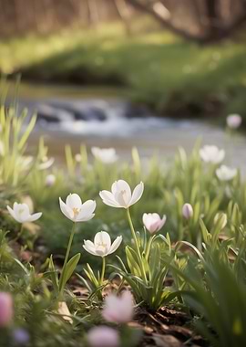 White Flowers by Stream